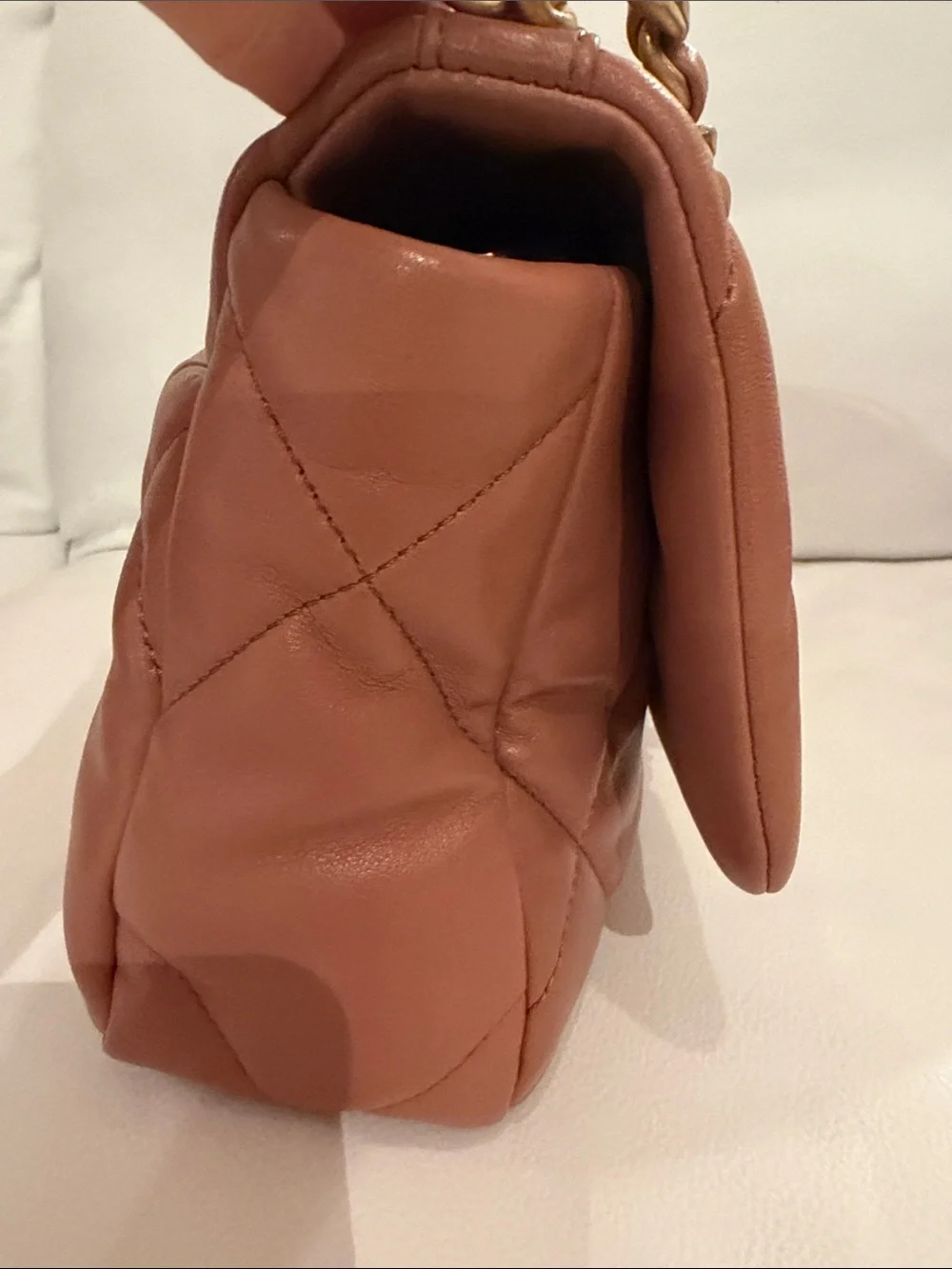 CHANEL 19 Quilted Shoulder Bag in Tan with Gold & Silver Chain medium